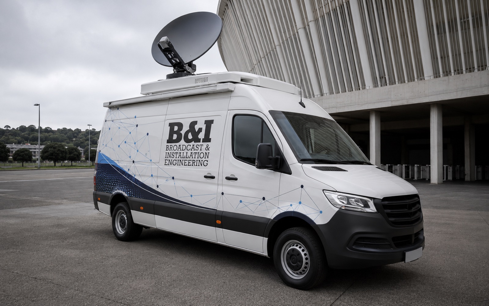 B&I mobile broadcast unit in full B&I livery, parked outside a stadium