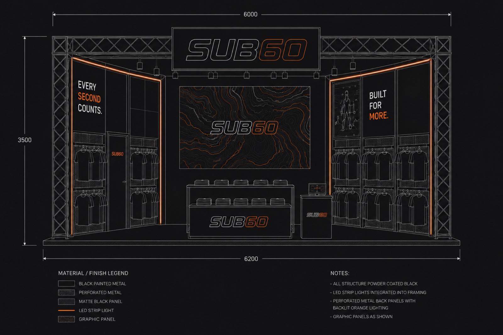 Event stand floor plan and elevations