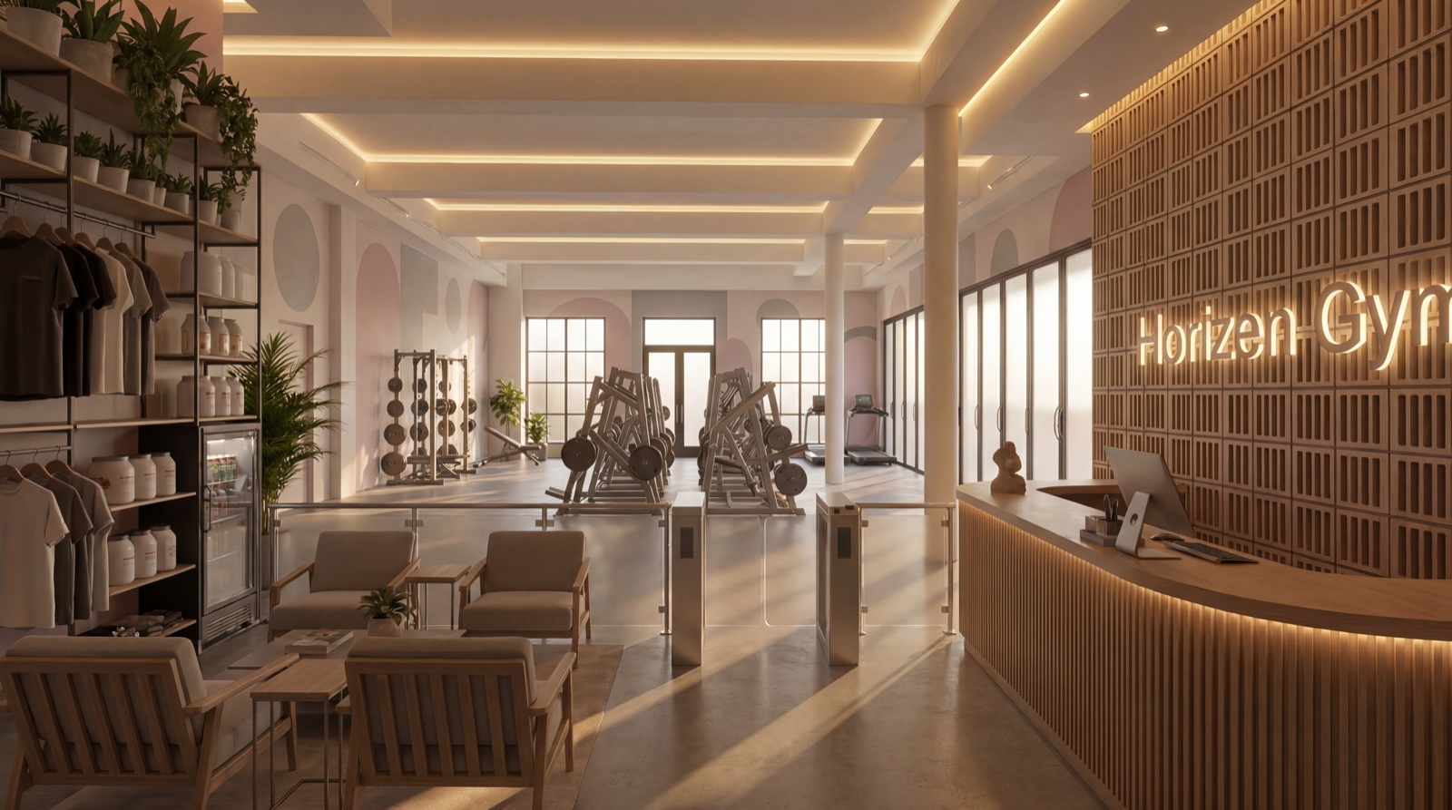 Horizen Gym Cape Town interior render, still 01